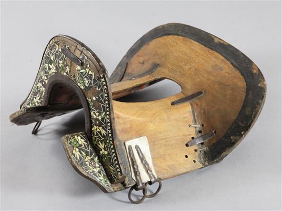 A Chinese inlaid wood saddle, 19th century, length 55.5cm, losses